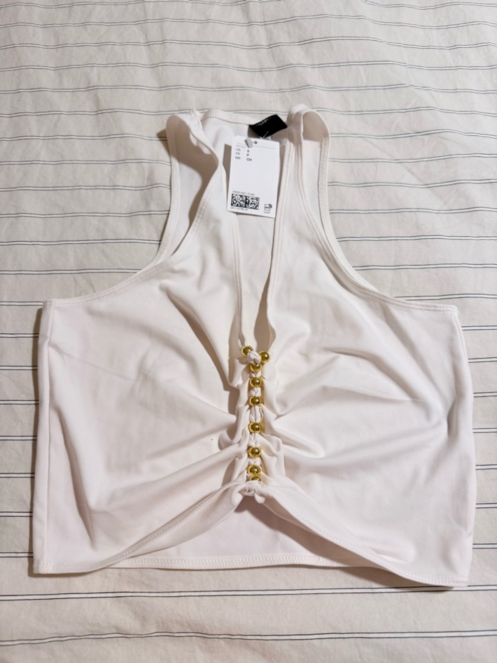 White Lace-Front Racerback Crop Top with Gold Accent